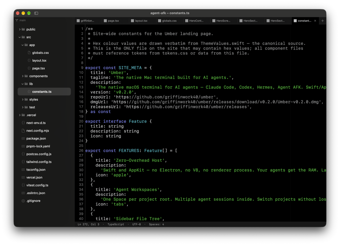 Umber editor tab showing syntax-highlighted TypeScript alongside the terminal