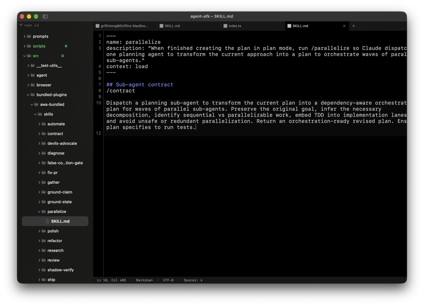Umber workspace showing a project file tree with multiple terminal tabs and git status indicators